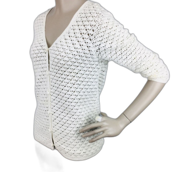 Vintage Ralph Lauren Hand Knit Ivory Cardigan Sweater 3/4 Sleeve Petite XS/S - Picture 1 of 6